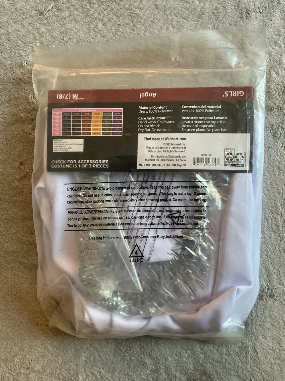 New White Angel Girls Costume Dress Sash and Halo Headband - Size M (7/8)